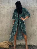 2022 Bikini Cover-ups Black Retro Striped Self Belted Women Summer Clothing Kimono Dress Beach Wear Swim Suit Cover Up Q1225