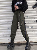 女式工装裤 2021 哈伦裤时尚朋克口袋慢跑裤带链原宿松紧高腰街头服饰