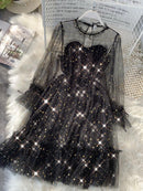 2022 New Female O-neck Stars Sequined Mesh Shiny Fairy Dress Women Elegant Bling Gauze Princess Puff Dresses Vestidos De Fiesta