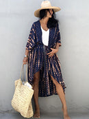 2022 Bikini Cover-ups Black Retro Striped Self Belted Women Summer Clothing Kimono Dress Beach Wear Swim Suit Cover Up Q1225