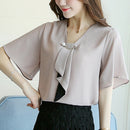 New Spring Fashion Chiffon Women Shirt Blouse Short Sleeve Plus Size Women's Clothing Loose Bow Neck Women's Tops Blusas D560 50