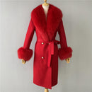 2020 Wool Coat Women Pied De Poule Natural Fox Fur Collar Cashmere Wool Blends Long Outerwear Ladies Streetwear