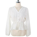 shintimes V-Neck White Blouse Sashes Casual Woman Clothes 2022 Fall Lace Long Sleeve Shirt Women Blouses Shirts Chemisier Femme