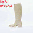 QUTAA INS Fashion Women Knee High Boots Full Cow Leather Warm Flats Thick High Heels Motorcycle Boots Woman Lady Shoes 34-43