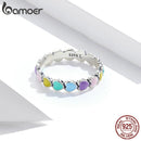 BAMOER 925 Sterling Silver Rainbow Heart Finger Ring for Girl, Women Stackable Silver Ring with Mini Hearts Trendy Party Jewelry