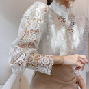 Chic Hollow Out Flower Lace Shirt Stand-Collar All-Match Summer Blouses 2022 Petal Sleeve Patchwork Women Top Femme Blusas 12419