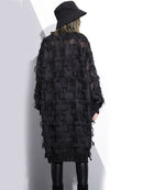[EAM] 2022 New Spring Autumn Stand Collar Long Sleeve Perspective Black Loose Tassels Big Size Dress Women Fashion Tide JI780