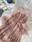 2022 New Female O-neck Stars Sequined Mesh Shiny Fairy Dress Women Elegant Bling Gauze Princess Puff Dresses Vestidos De Fiesta