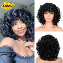 Short Hair Afro Curly Wig With Bangs Loose Synthetic Cosplay Fluffy Shoulder Length Natural Wigs For Black Women Dark Brown 14"