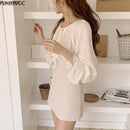 Cute Fairy Chic Tops Korea Japan Style 2022 Autumn Flare Sleeve Casual Beige Color Women Lace-Up Bow Tie Top and Blouses