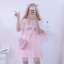 2022年夏季洛丽塔薄纱连衣裙女式可爱兔子萌少女动漫短袖粉白休闲T恤裙女装