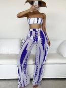 Three Pieces Tie Dye Bandeau Bikini Women Swimsuit with Ruffle Beach Pants 2022 Summer Beach Bathing Suit Bikini Set