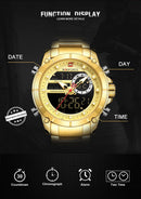 NAVIFORCE Luxury Original Men Sports Wrist Watch Gold Quartz Steel Waterproof Dual Display Clock Watches Relogio Masculino 9163