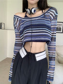 Deeptown Y2K Harajuku Striped T-shirts Women Crop Tops Vintage Streetwear Sexy Sweet Casual E Girl Long Sleeve T-Shirts Fashion