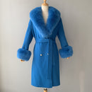 2020 Wool Coat Women Pied De Poule Natural Fox Fur Collar Cashmere Wool Blends Long Outerwear Ladies Streetwear