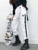 女式工装裤 2021 哈伦裤时尚朋克口袋慢跑裤带链原宿松紧高腰街头服饰