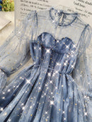 2022 New Female O-neck Stars Sequined Mesh Shiny Fairy Dress Women Elegant Bling Gauze Princess Puff Dresses Vestidos De Fiesta