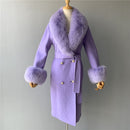 2020 Wool Coat Women Pied De Poule Natural Fox Fur Collar Cashmere Wool Blends Long Outerwear Ladies Streetwear