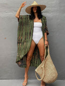 2022 Bikini Cover-ups Black Retro Striped Self Belted Women Summer Clothing Kimono Dress Beach Wear Swim Suit Cover Up Q1225