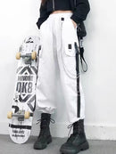 女式工装裤 2021 哈伦裤时尚朋克口袋慢跑裤带链原宿松紧高腰街头服饰