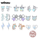 WOSTU 925纯银欧泊耳钉猫独角兽爱心蓝色欧泊耳环女士原创925银饰品