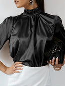 Celmia Women Satin Blouse 2023 Fashion Elegant Tunic Slik Tops Autumn Solid High Collar Shirt Long Sleeve Party Blusas Femininas