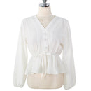 shintimes V-Neck White Blouse Sashes Casual Woman Clothes 2022 Fall Lace Long Sleeve Shirt Women Blouses Shirts Chemisier Femme