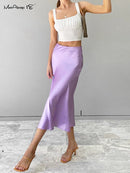 Mnealways18 Solid Purple Satin Silk Skirt Women High Waisted Summer Long Skirt New 2023 Elegant Ladies Office Skirts Midi Spring