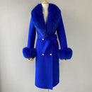 2020 Wool Coat Women Pied De Poule Natural Fox Fur Collar Cashmere Wool Blends Long Outerwear Ladies Streetwear