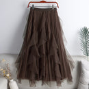 Qooth Women Beaded Petal Mid-length Ruffles Mesh Pleated Skirts Elegant High-waisted Fairy A-line Long Tulle Skirts QT1682