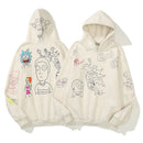 Retro Hip Hop Skull Letter Graffiti Fleece Hooded Hoodies for Men and Women High Street Loose Casual Pullover Sweatshirts
