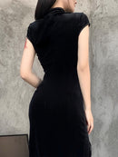 InsGoth Retro Cheongsam Black Dress Goth High Waist Bandage Patchwork  Midi Dress Women Elegant Bodycon Short Sleeve Party Dress