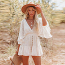 White Lace Tunic Sexy Deep V Neck Button Bikini Cover-ups Women Clothes 2023 Summer Sexy Ruffles Long Sleeves Mini Dress A1132