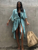 2022 Bikini Cover-ups Black Retro Striped Self Belted Women Summer Clothing Kimono Dress Beach Wear Swim Suit Cover Up Q1225