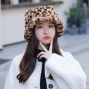 冬季时尚可爱豹纹熊耳渔夫帽女士加厚保暖仿皮草毛绒渔夫帽户外防寒柔软巴拿马帽