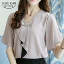 New Spring Fashion Chiffon Women Shirt Blouse Short Sleeve Plus Size Women's Clothing Loose Bow Neck Women's Tops Blusas D560 50