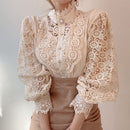 Chic Hollow Out Flower Lace Shirt Stand-Collar All-Match Summer Blouses 2022 Petal Sleeve Patchwork Women Top Femme Blusas 12419