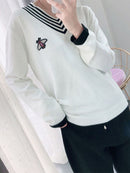 欧式春秋女式蜜蜂刺绣毛衣优雅V领针织宽松条纹长袖套头衫 C-019