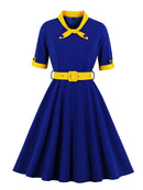 Tonval Green Contrast Bow Neck and Cuff Vintage Belted Dress Half Sleeve Autumn Women Fit and Flare Retro Swing Dresses