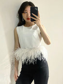 TWOTWINSTYLE Black Patchwork Feathers Korean Fashion Shirt Top Women Round Neck Sleeveless Slim Tops Female 2021 Summer Clothing