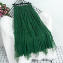 Qooth Women Beaded Petal Mid-length Ruffles Mesh Pleated Skirts Elegant High-waisted Fairy A-line Long Tulle Skirts QT1682
