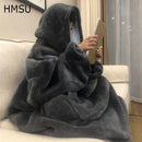 超大卫衣毛毯带袖套头衫格子冬款抓绒连帽衫女式口袋女连帽衫加大码女款