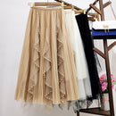 Qooth Women Beaded Petal Mid-length Ruffles Mesh Pleated Skirts Elegant High-waisted Fairy A-line Long Tulle Skirts QT1682