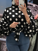 女装波点衬衫上衣 黑色腰带 长泡泡袖 白色红色大码 XXXL 女士时尚休闲春秋夏季衬衫