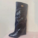 Ins Hot Spring Winter Great Quality Crocodile Print Upper Shoes Booty Knee High Pointy Toe Over-lay Side Zip Women Boots 43