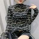 Fast Ship Vintage Print Tops Letters Doodle T-shirt Women Turtleneck Long Sleeve Slim Stretchy Tee Casual Women Clothing Spring