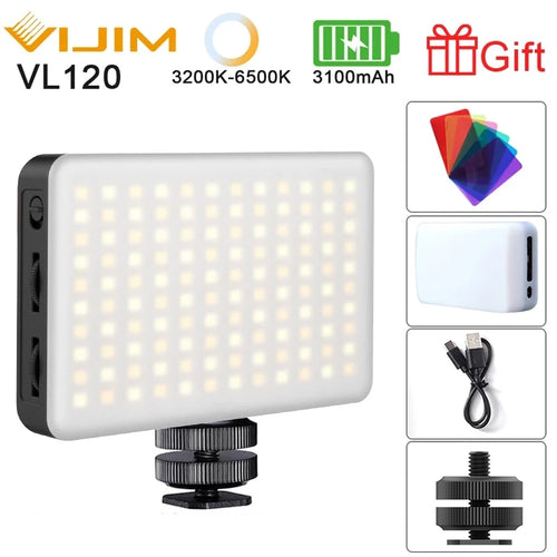 优篮子 VIJIM VL120 LED 摄像灯 3200k-6500K 3100mAh 可调光影室灯 Vlog 补光灯带 RGB 彩色滤光片柔光箱扩散器