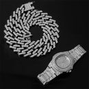 Necklace +Watch+Bracelet Hip Hop Miami Curb Cuban Chain Gold Color Iced Out Paved Rhinestones CZ Bling Rapper For Men Jewelry