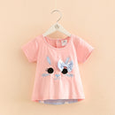 Kids Clothes 2021 Summer 100% Cotton White Pink Cartoon Cat Dot Bowknot Patchwork Short Sleeve O-Neck T-Shirt For Girls