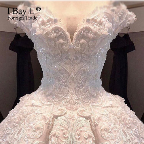 珍珠串珠象牙色缎面复古婚纱 Vestidos De Noiva De Luxo 2020 性感婚纱 土耳其迪拜奢华风